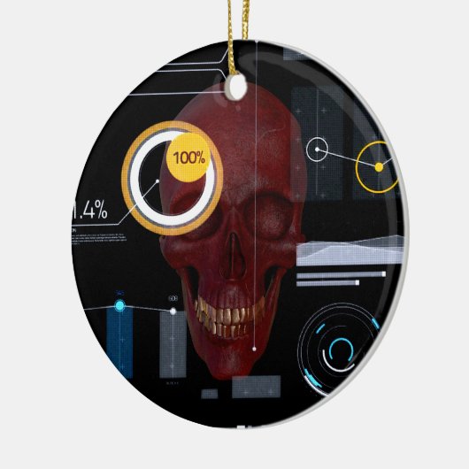 Rode schedel achter een doorschijnende schermhacke keramisch ornament (Links)