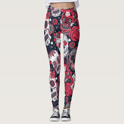 Rode schedel bloemmotief leggings (Voorkant)