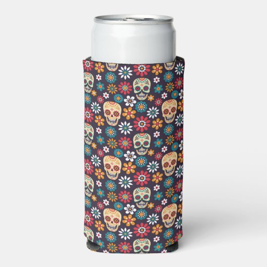 Rode schedel bloempatroon seltzer blikjeskoeler (Seltzer Voorkant)