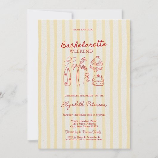 Rode schets vrijgezellenweekend gele strepen kaart (Voorkant)