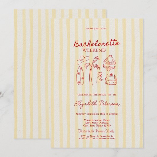 Rode schets vrijgezellenweekend gele strepen kaart (Voorkant / Achterkant)