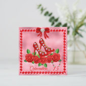 Rode schoenen, juwelen en Rozen bloemen Quinceañer Kaart (Staand voorkant)