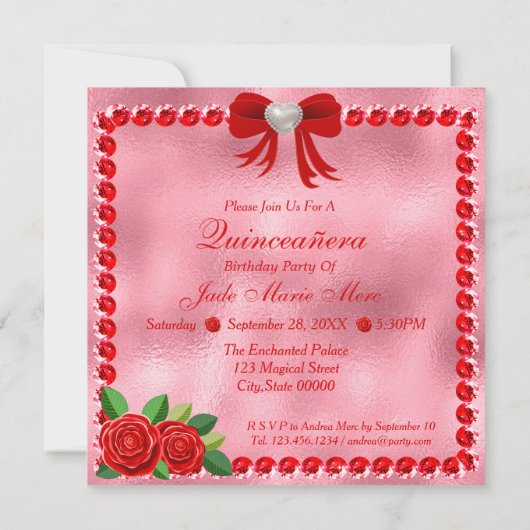 Rode schoenen, juwelen en Rozen bloemen Quinceañer Kaart (Achterkant)