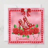 Rode schoenen, juwelen en Rozen bloemen Quinceañer Kaart (Voorkant)