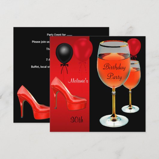 Rode schoenen met hoge hakken wijnglas voor 30e ve kaart (Voorkant / Achterkant)