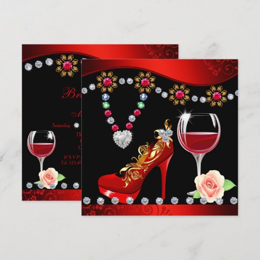 Rode schoenen, wijn en juwelen zwart en rood Vrijg Kaart (Voorkant / Achterkant)