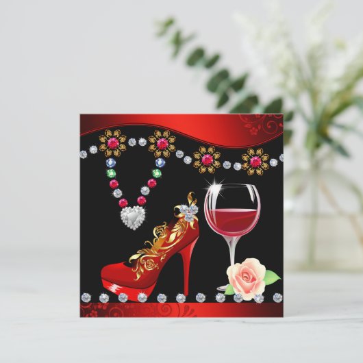 Rode schoenen, wijn en juwelen zwart en rood Vrijg Kaart (Staand voorkant)