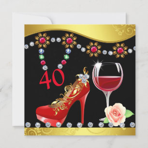 Rode schoenen, wijn & juwelen 40e verjaardag kaart