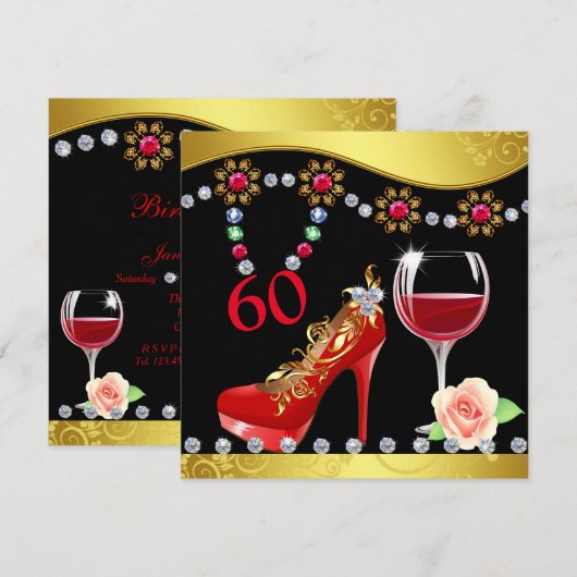 Rode schoenen, wijn & juwelen 60e verjaardag kaart (Voorkant / Achterkant)