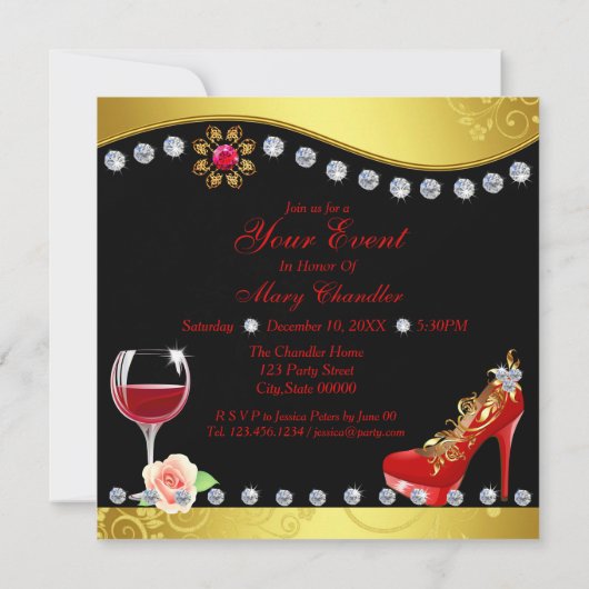 Rode schoenen, wijn & juwelen Elke gelegenheid Kaart (Achterkant)