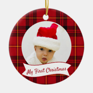 Rode Schotse Plaid Baby's Eerste Kerst Foto Keramisch Ornament