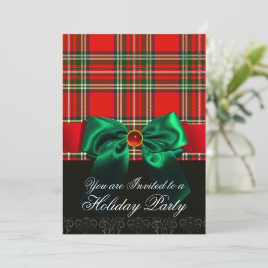 RODE SCHOTSE TARTAN MET GROENE STROOK KERSTPARTY KAART (Staand voorkant)