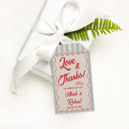 Rode Schrift Blauwe Strepen Retro Bruiloft Cadeaulabel