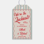 Rode Schrift Blauwe Strepen Retro Trouwdag Cadeaulabel (Voorkant)