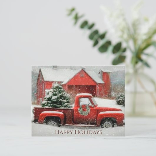 Rode schuur, besneeuwd landschap, en feestelijke b briefkaart (Staand voorkant)