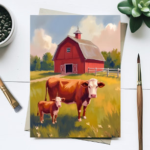 Rode schuur boerderij dieren koe schilderij briefkaart