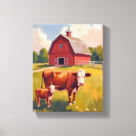 Rode schuur boerderij dieren koe schilderij canvas afdruk