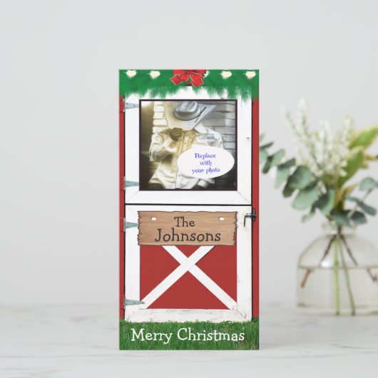 Rode Schuur Door Custom 1 Foto Vakantie Kaart (Staand voorkant)