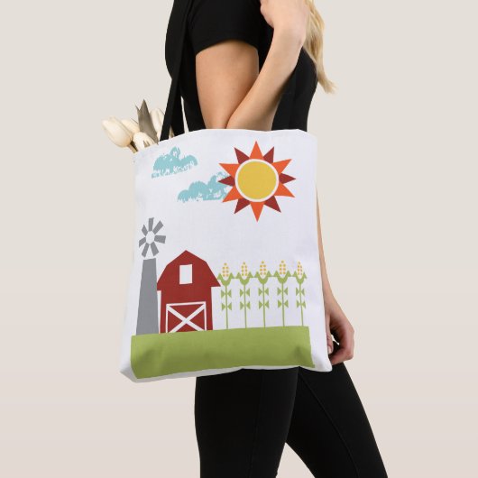 Rode schuur en geïllustreerde canvas tas (Dichtbij)