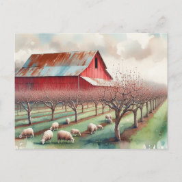 Rode schuur en pistache boomgaard briefkaart