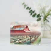 Rode schuur en pistache boomgaard briefkaart (Staand voorkant)