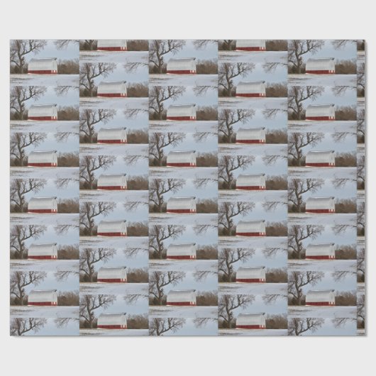 Rode Schuur en Sneeuw Verpakkingsdocument Cadeaupapier (Vlak)