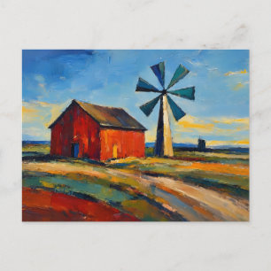 Rode schuur en windmolen Abstracte kunstschilderij Briefkaart