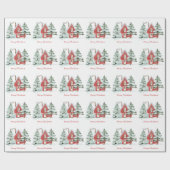 Rode Schuur Groene Winter Bos Dennen Kerstboom Cadeaupapier (Vlak)