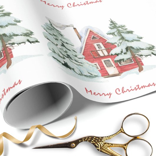 Rode Schuur Groene Winter Bos Dennen Kerstboom Cadeaupapier