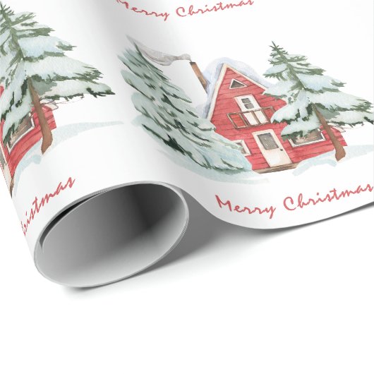 Rode Schuur Groene Winter Forest Pine Kerstboom Cadeaupapier (Rol Hoek)