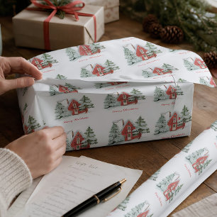 Rode Schuur Groene Winter Forest Pine Kerstboom Cadeaupapier