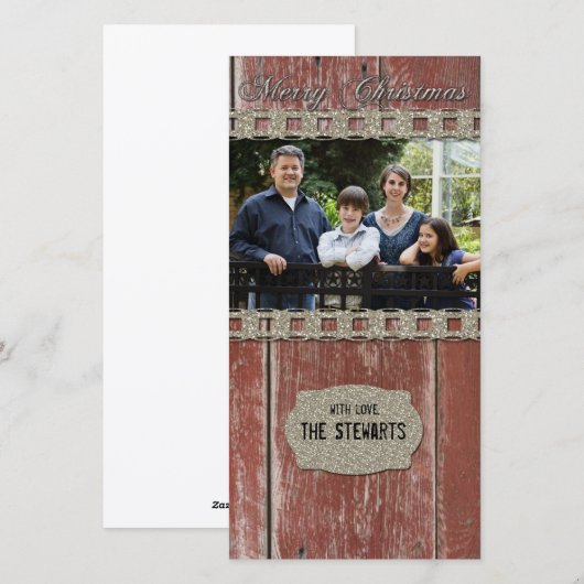 Rode Schuur Hout Zilver Country Foto Kerst Kaart (Voorkant / Achterkant)
