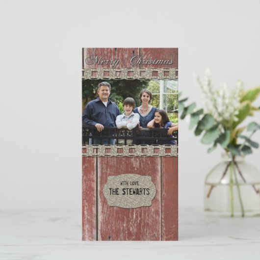 Rode Schuur Hout Zilver Country Foto Kerst Kaart (Staand voorkant)