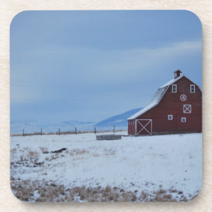 Rode schuur in de Rocky Mountains in de winter Drankjes Onderzetter