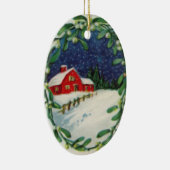 Rode schuur in de sneeuwkerstversiering keramisch ornament (Rechts)