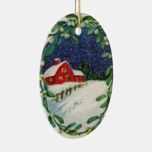 Rode schuur in de sneeuwkerstversiering keramisch ornament (Rechts)