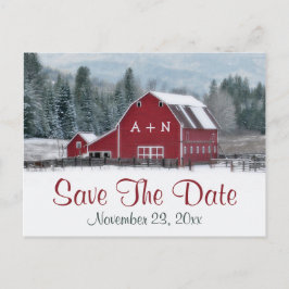 Rode Schuur in Winterbruiloft Save the Date Post K Aankondigingskaart