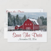 Rode Schuur in Winterbruiloft Save the Date Post K Aankondigingskaart (Voorkant / Achterkant)