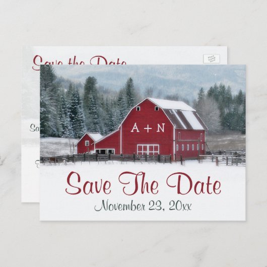 Rode Schuur in Winterbruiloft Save the Date Post K Aankondigingskaart (Voorkant / Achterkant)