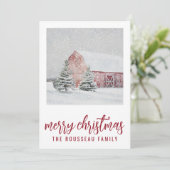 Rode schuur in wintersneeuw Kerstvakantiewenskaart Feestdagenkaart (Staand voorkant)