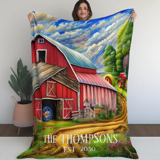 Rode Schuur Land Gepersonaliseerde Familienaam Fleece Deken