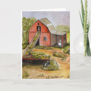 Rode schuur, Llama, hooi dag, boerderij decor art Kaart