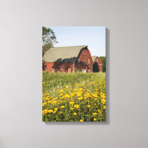 Rode schuur met gele wilde bloemen canvas afdruk