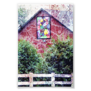 Rode schuur met quilt grunge foto afdruk