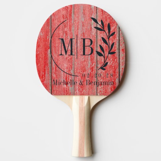 Rode Schuur Planken Bruiloft Monogram Tafeltennisbatje (Achterkant)