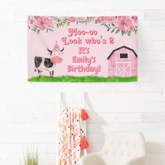 Rode Schuur Roze Meisjes 2de Verjaardag Spandoek (Insitu)