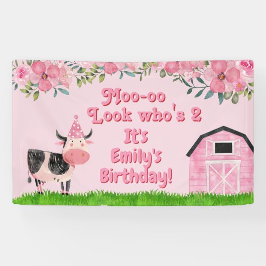 Rode Schuur Roze Meisjes 2de Verjaardag Spandoek (Horizontaal)