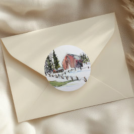 Rode schuur sticker, besneeuwde winterdag inkt wat ronde sticker