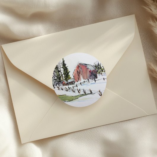 Rode schuur sticker, besneeuwde winterdag inkt wat ronde sticker