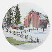 Rode schuur sticker, besneeuwde winterdag inkt wat ronde sticker (Voorkant)